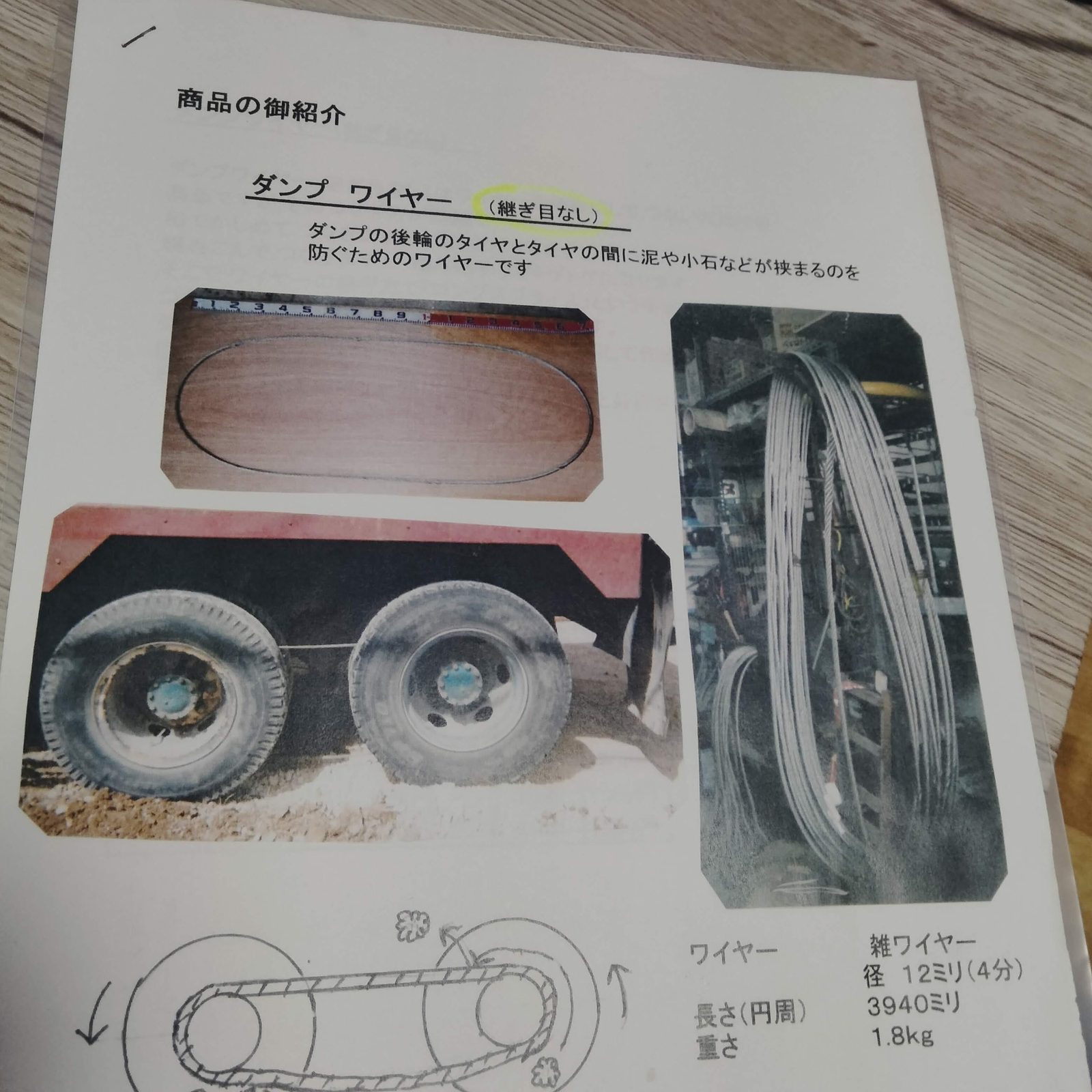 作業台に置いたダンプワイヤーの案内。輪にしたワイヤー、後輪に掛けた状態、束ねたワイヤーが写っている